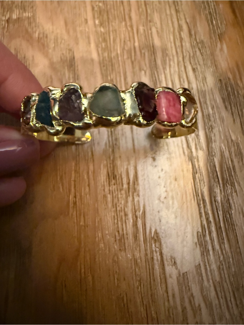 Gold Vermil Multi-Gem Stone Cuff Bracelet - Pink, Green, Blue art to wear - Picture 2 of 6
